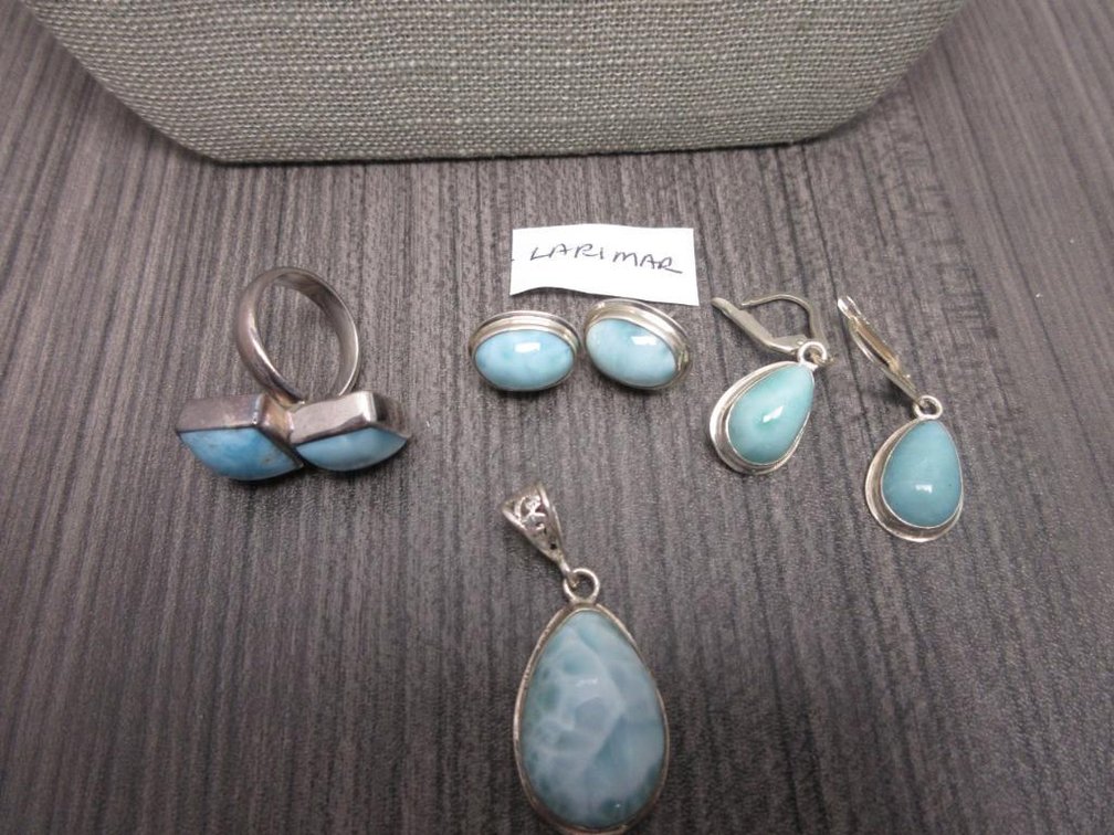 Larimar Blue Stone Ring 2 Pair Earrings and Pendant
