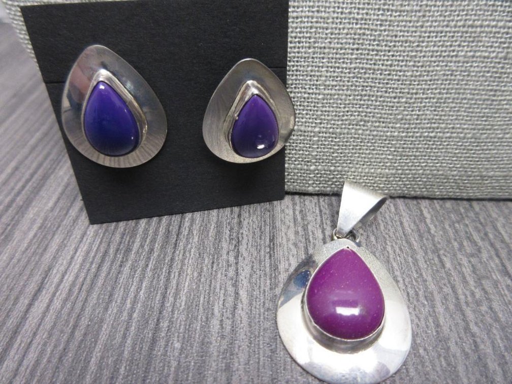 Stainless Steel Earrings and Pendant with Purple Stones