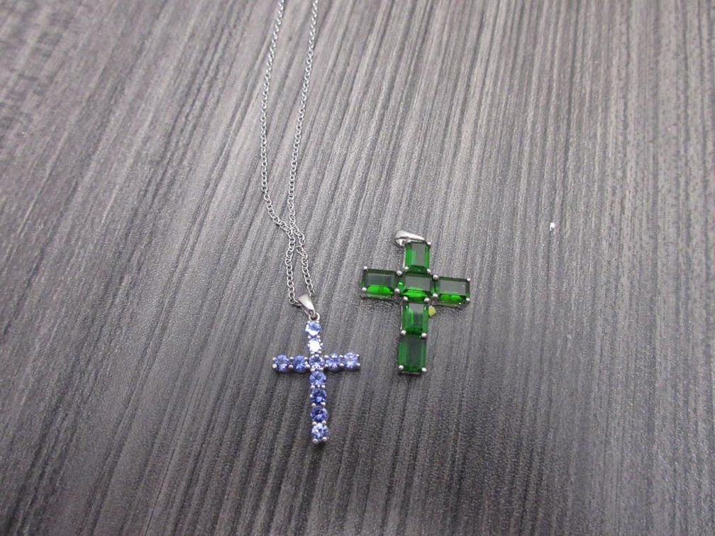 Blue Gem Cross Necklace in Platinum Over Sterling Silver and Extra Green Gem Cross