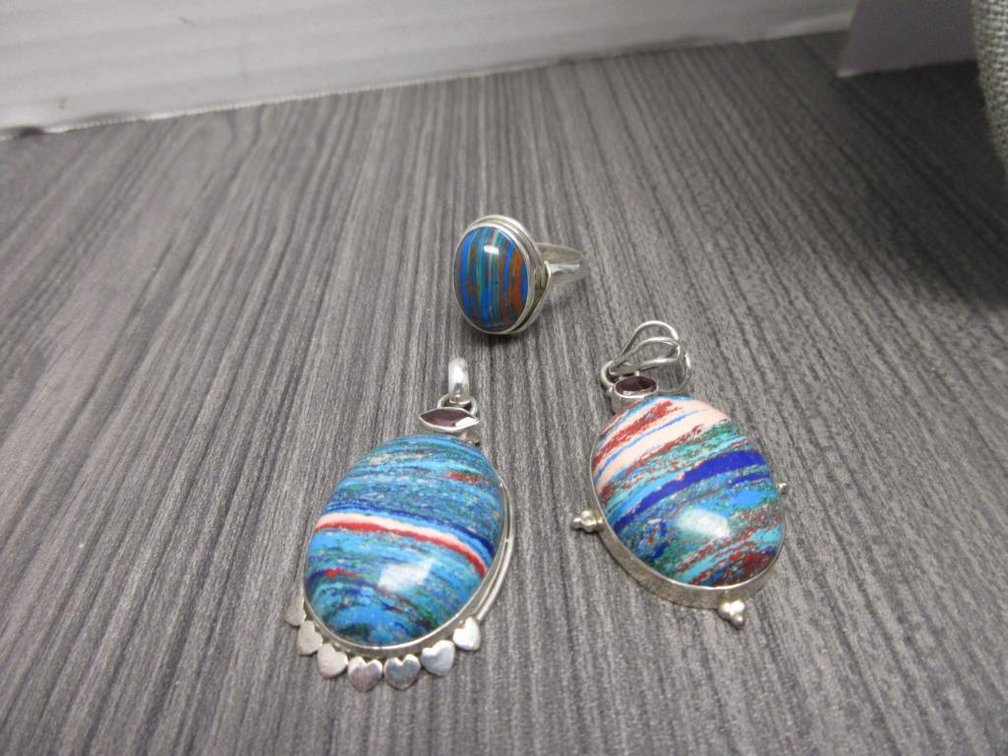 2 Rainbow Calsilica Pendants in 925 Sterling Silver plus a Ring
