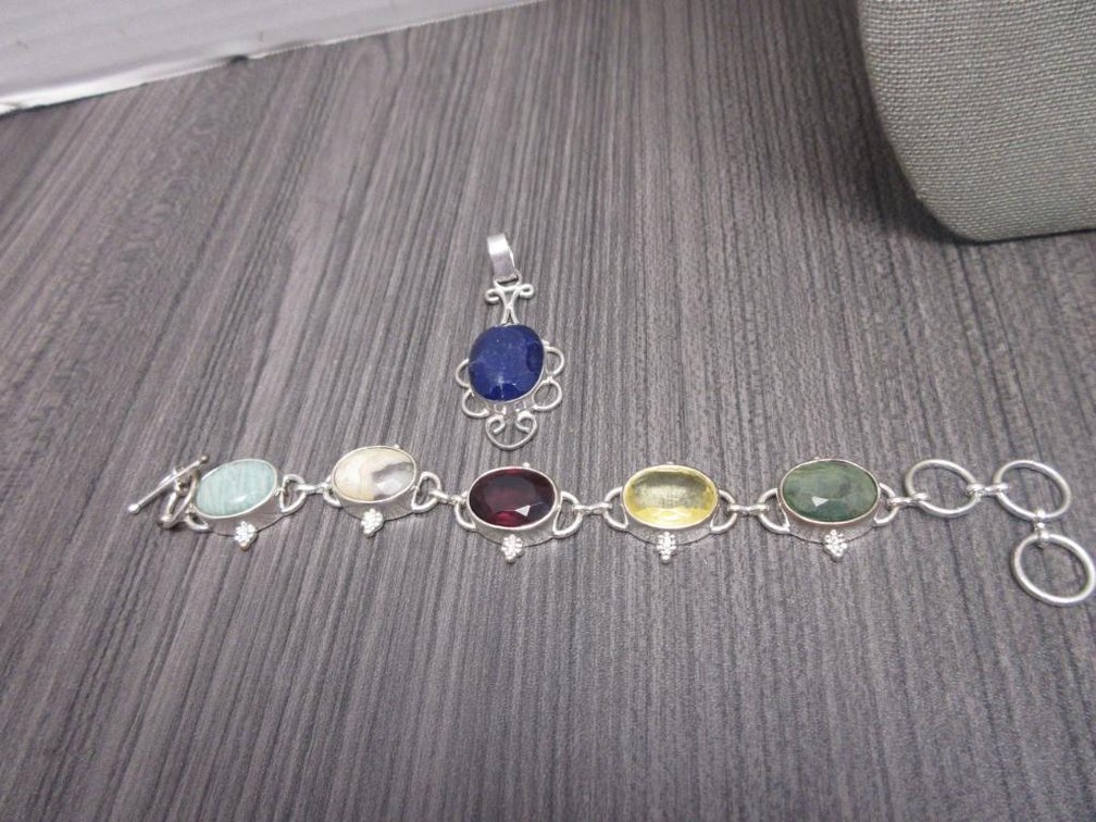 Amazonite Jasper & German Silver Bracelet and Pendant
