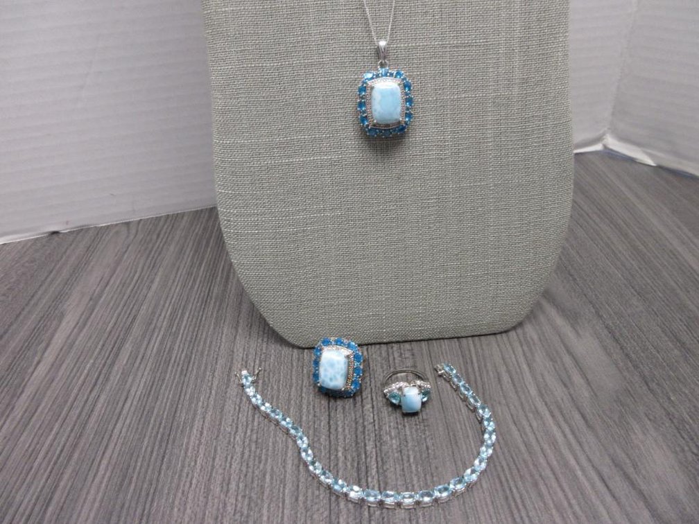Larimar & Neon Apatite & other Gems in Platinum Overlay Sterling Silver-Necklace (20in) Rings (sz 7) & Bracelet