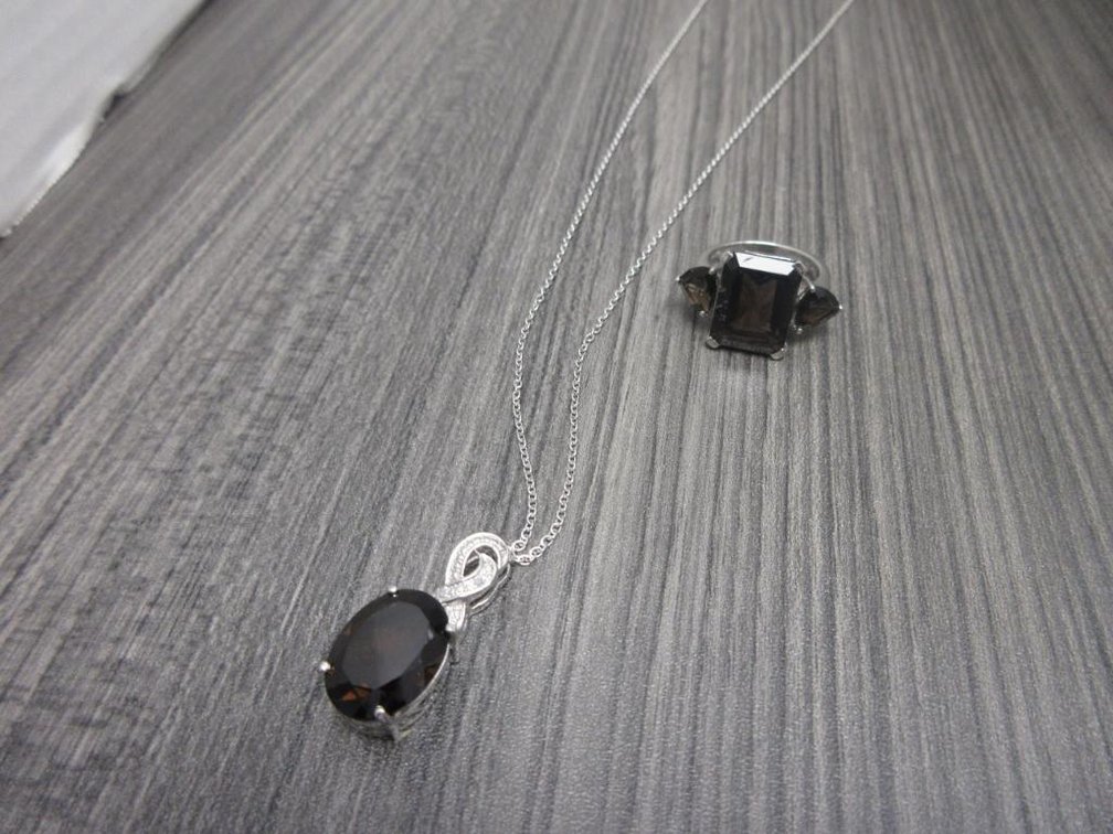 Brazillan Smoky Quartz in Platinum Overlay Sterling Silver Necklace (20in) and Ring (Sz 8)