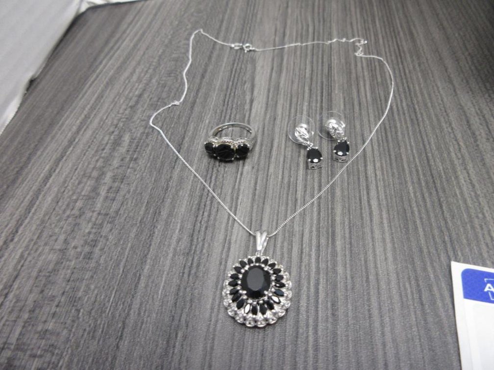 Thai Black Spinel in Platinum Overlay Sterling Silver Set-Necklace (20in) Ring (sz 7) & Earrings