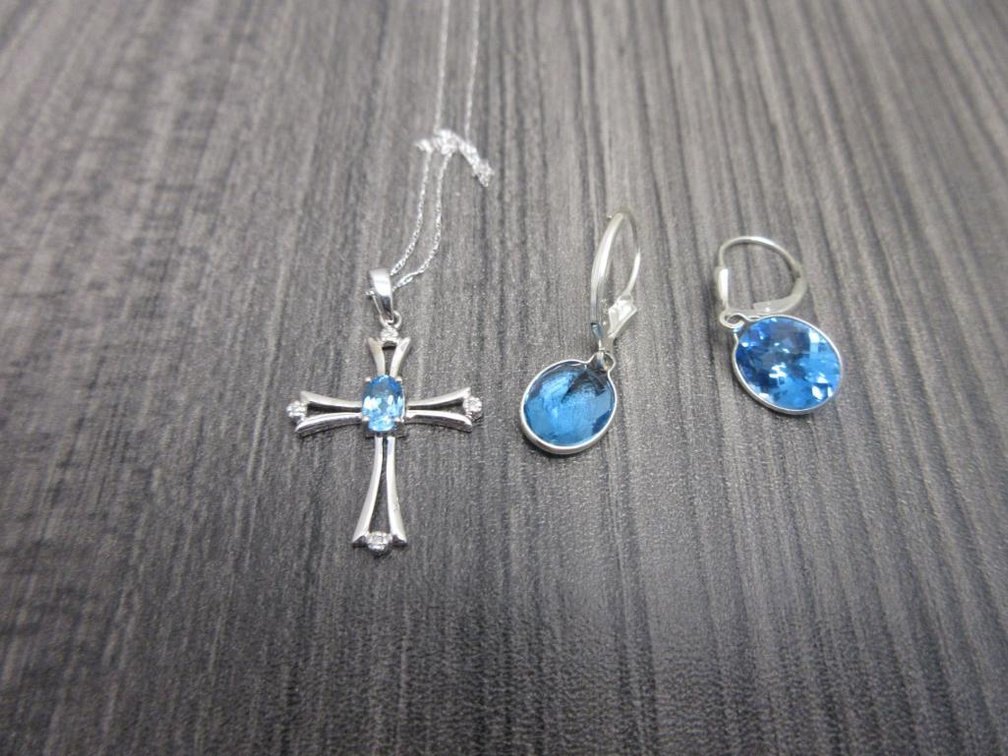 Blue Gem Earrings and Cross Necklace