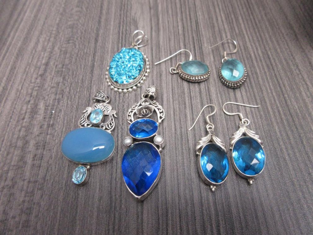 Blue Gem Lot- 3 Pendants and 2 Pair Earrings