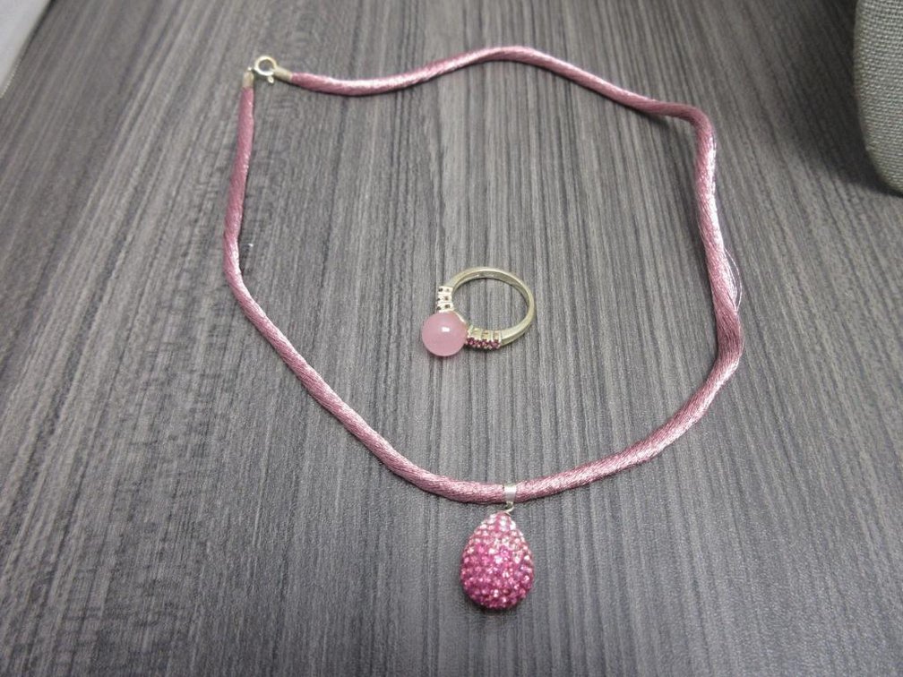 Light Pink Austrian Crystal on Silk Cord Necklace (18in) with Ring