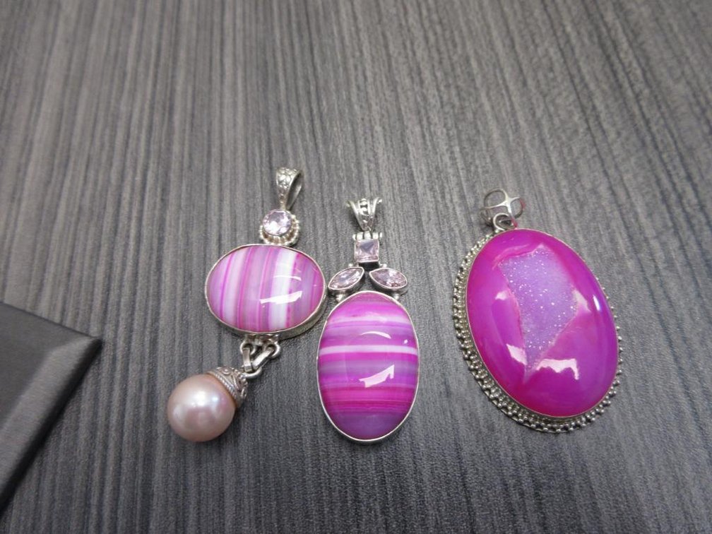 Pink Lace Agate Topaz & Pearl Pendants