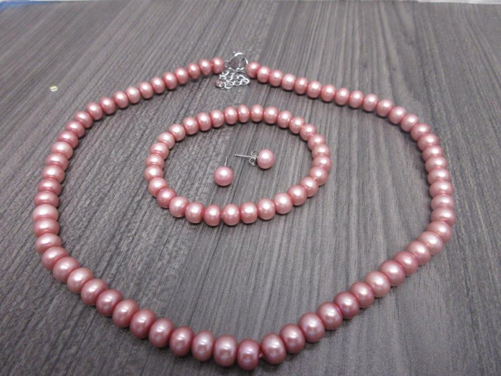 Pink Cultured Pearl Set- Necklace Bracelet and Earrings