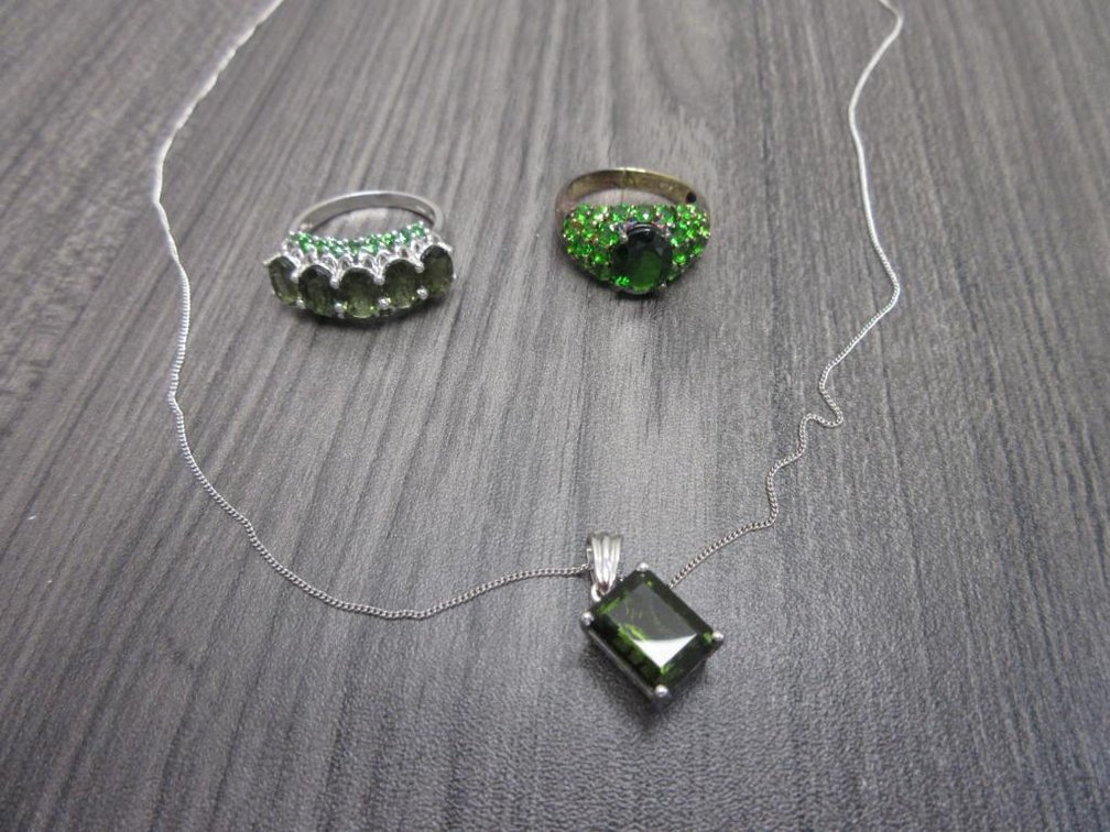 Green Gems in Platinum Over Sterling Silver- 2 Rings and Necklace