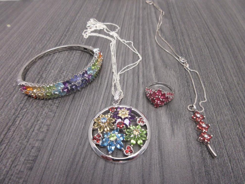 Flower Themed Gem Stone Jewelry in Platinum Over Sterling Silver- 2 Necklaces Bracelet and Ring (sz 7)