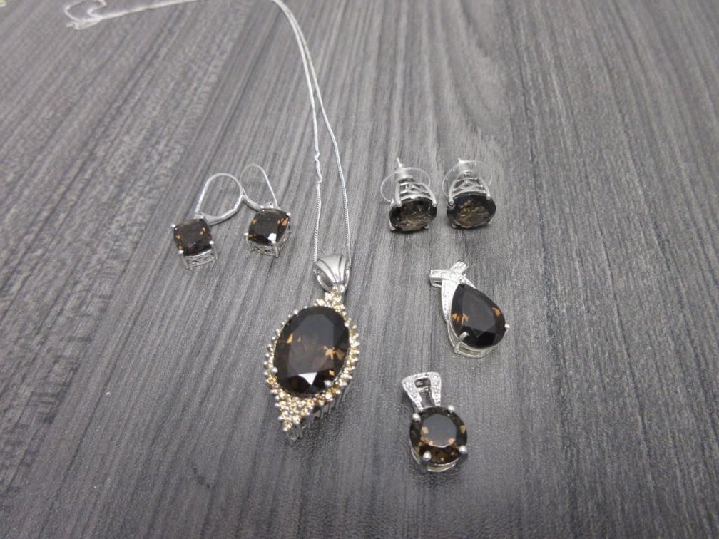 Brazilian Smoky Quartz in Platinum Over Sterling Silver-Necklace (20in) with 2 Extra Pendants 2 pair Earrings