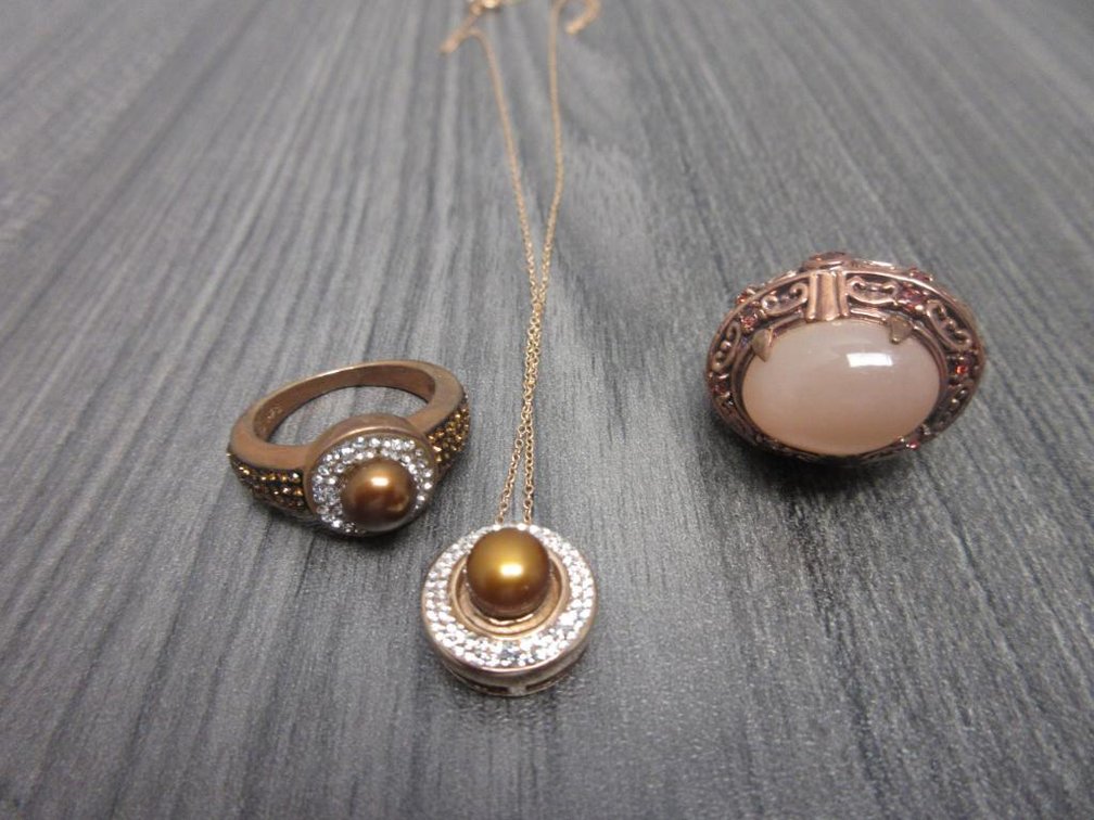 Freshwater Brown Pearl in 14k Rose Gold Over Sterling Silver Necklace (20in) & Ring (Sz 7) and Moonstone Ring (sz 7)