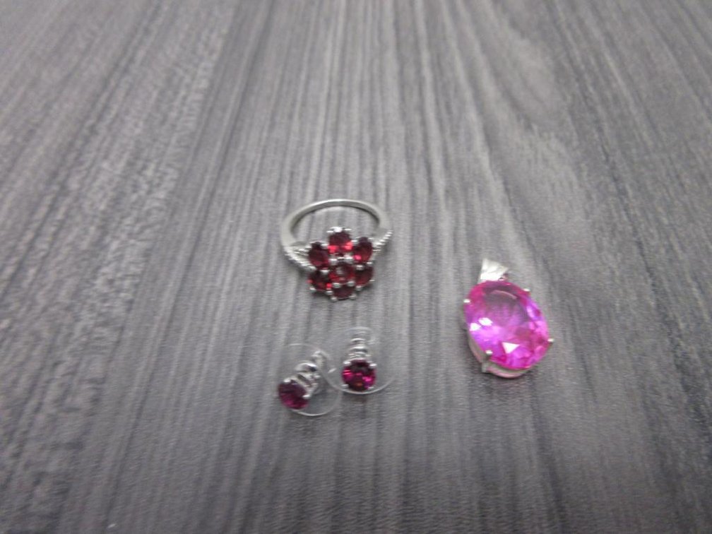 Orissa Rhodolite Garnet Earrings and Ring Plus Pink Pendant all in Platinum Over Sterling Silver
