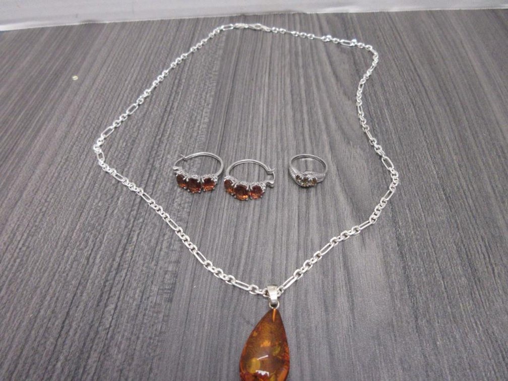 Amber Pendant Necklace and Mocha Scarpolite Earrings and Ring (sz 7) all in Platinum Over Sterling Silver