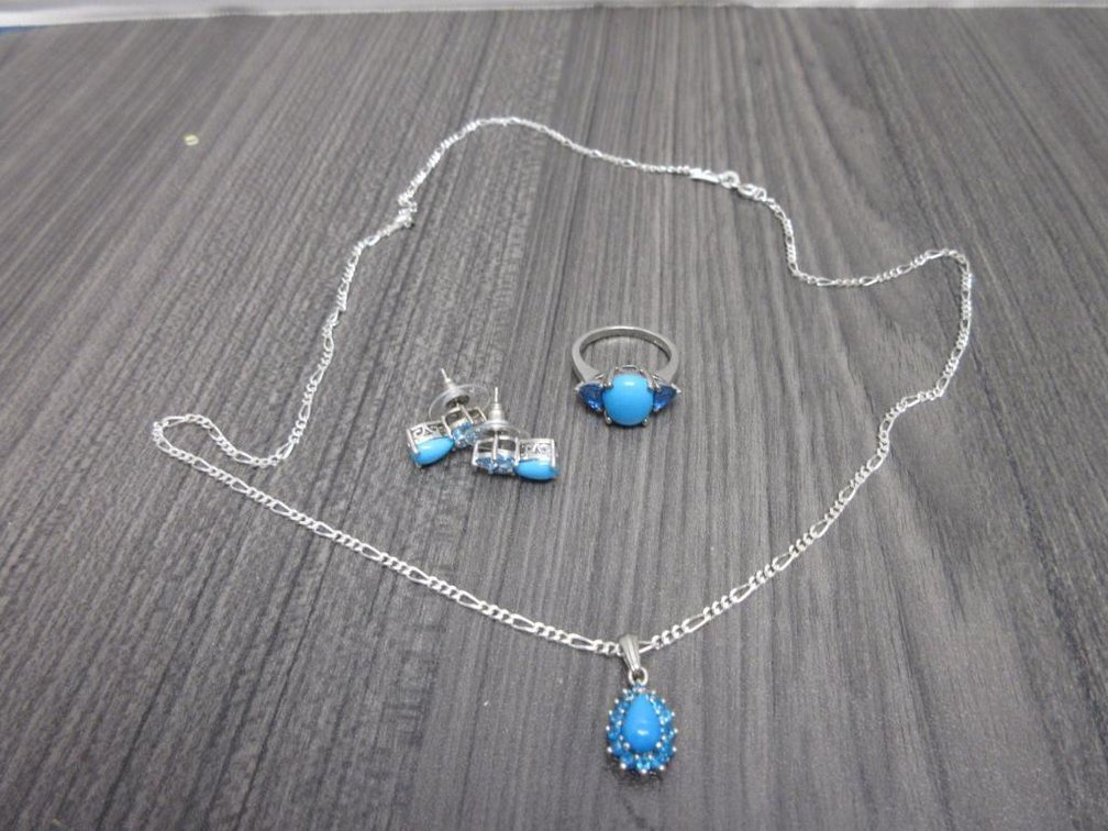 Arizona Sleeping Beauty Turquoise in Platinum Over Sterling Silver-Necklace Ring (sz 7) & Earrings
