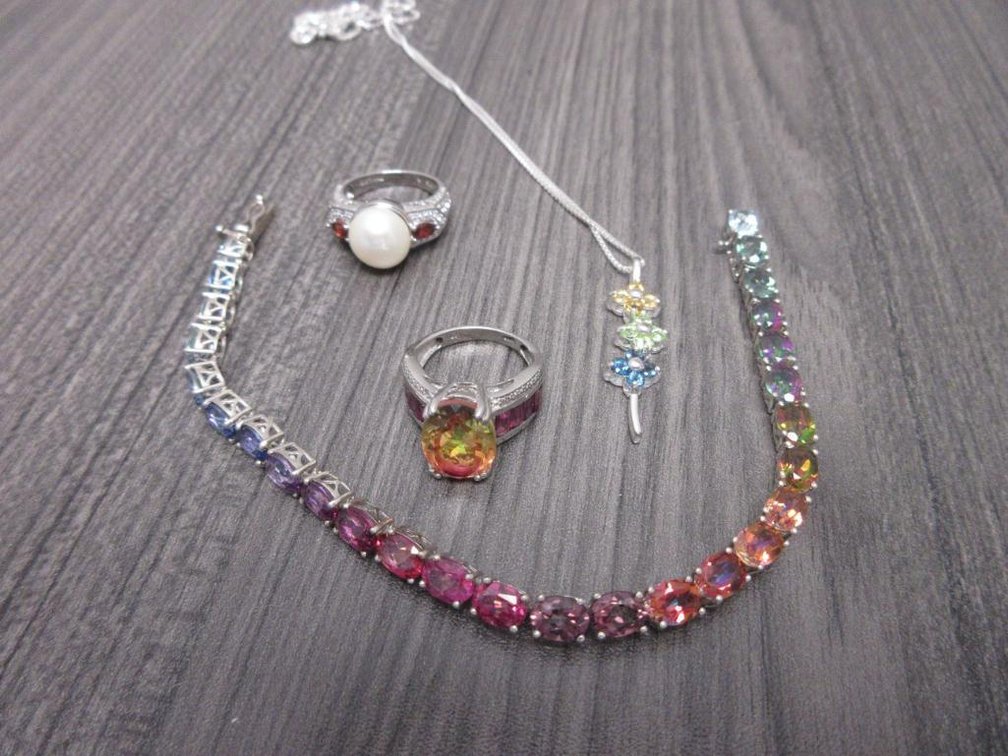 Multi-Color Gem Lot-Bracelet Flower Necklace 2 Rings