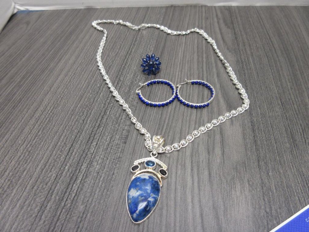 Blue Stones and Gem in Platinum Over Sterling Silver-Earrings Necklace and Ring