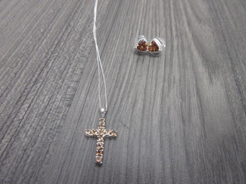 Mocha Scapolite in Platinum Over Sterling Silver Earrings and Cross Necklace