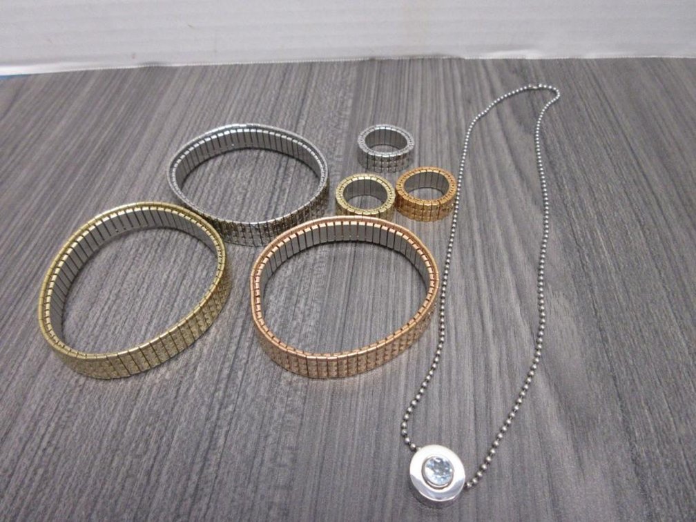 Stainless Steel Jewelry Lot  3 Stretch Band Bracelets 3 Stretch Band Rings and Necklace with Light Blue Gem