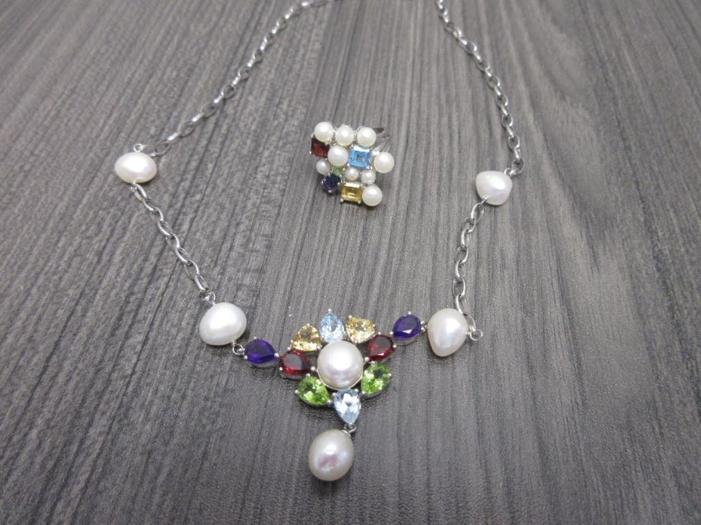 Various Gems Set in Platinum Over Sterling Silver with Cultured Pearls