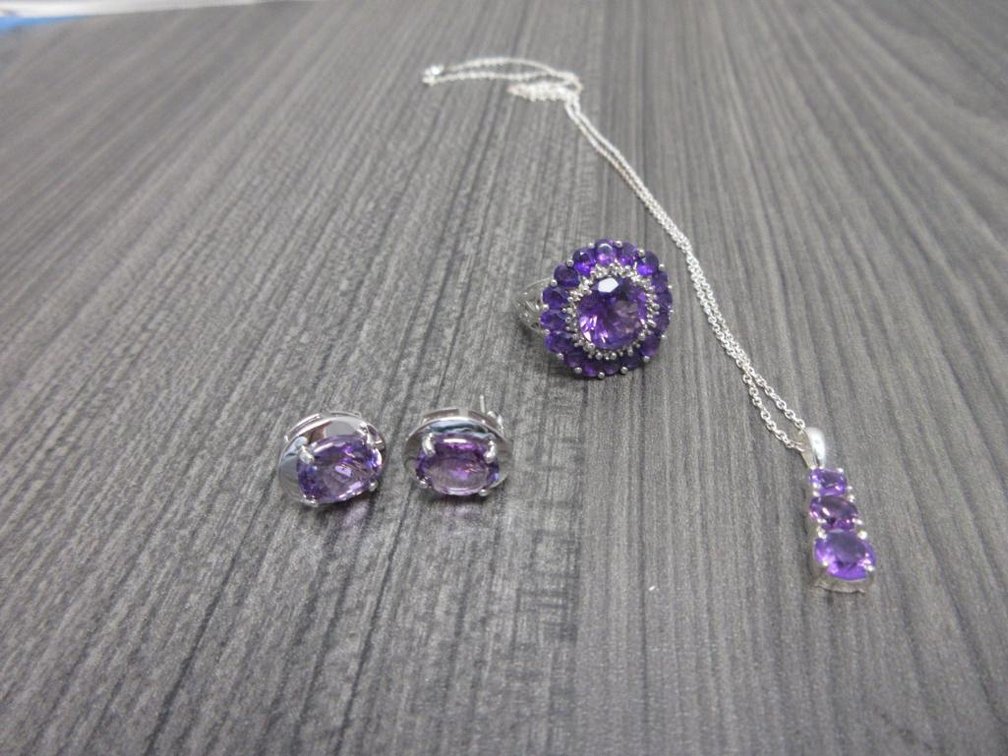 Lusaka Amethyst in Platinum Over Sterling Silver-Ring (sz 7) Necklace and Earrings