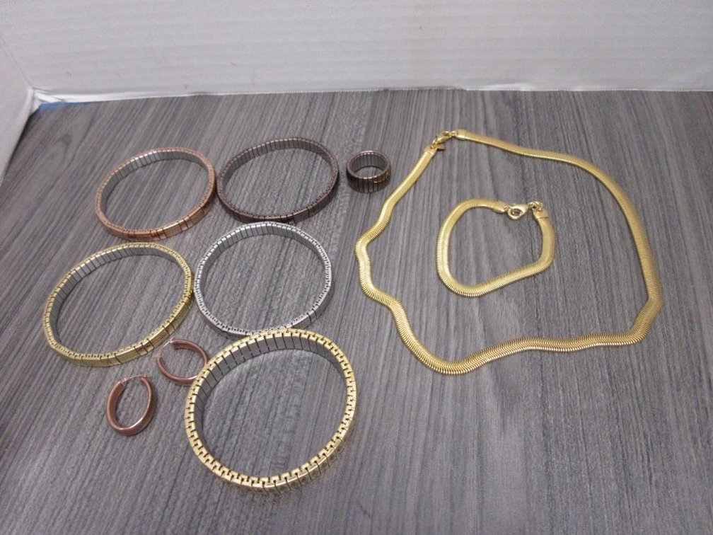 Stainless Steel Lot- 5 Stretch Band Bracelets 1 Stretch Band Ring Goldtone Necklace and Bracelet and Bronze color Earrings