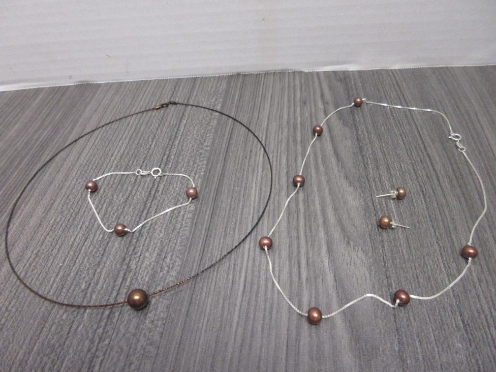 Chocolate Cultured Pearl in Platinum Over Sterling Silver Set- Bracelet Earrings and 2 Necklaces