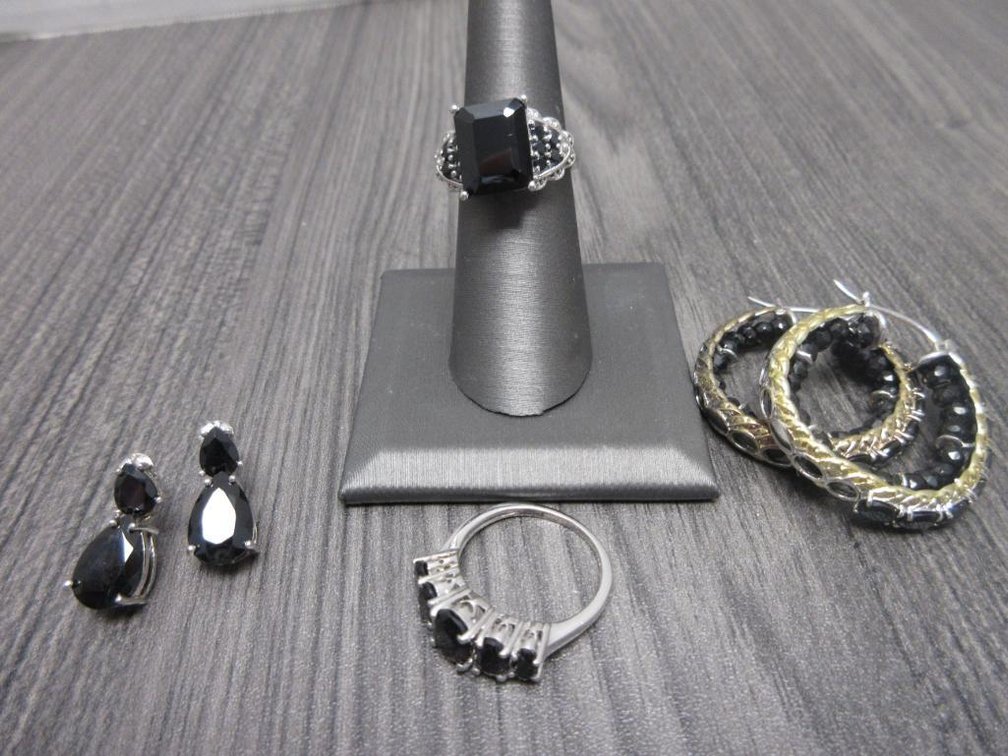 Thia Black Spinel in Platinum Over Sterling Silver- 5 Stone Ring (sz8) Cushion Ring (sz7) & 2 Pair Earrings