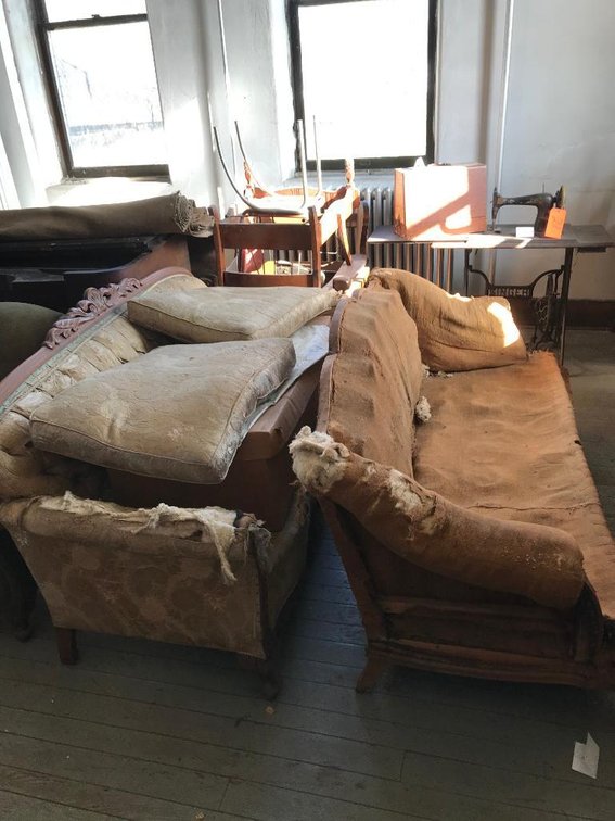 2 Vintage sofas, oversize chair & 2 large wooden chairs