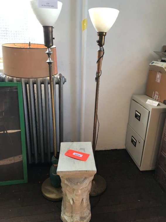 Elephant ceramic plant stand & 2 art deco floor standing lamps