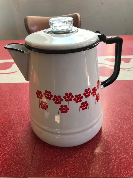 Vintage enamelware daisy coffee pot