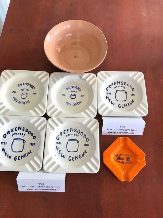 6 Ceramic Greensboro ash trays & stoneware bowl