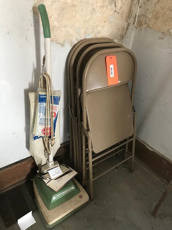 Collection of 8 folding chairs & Hoover vacuum