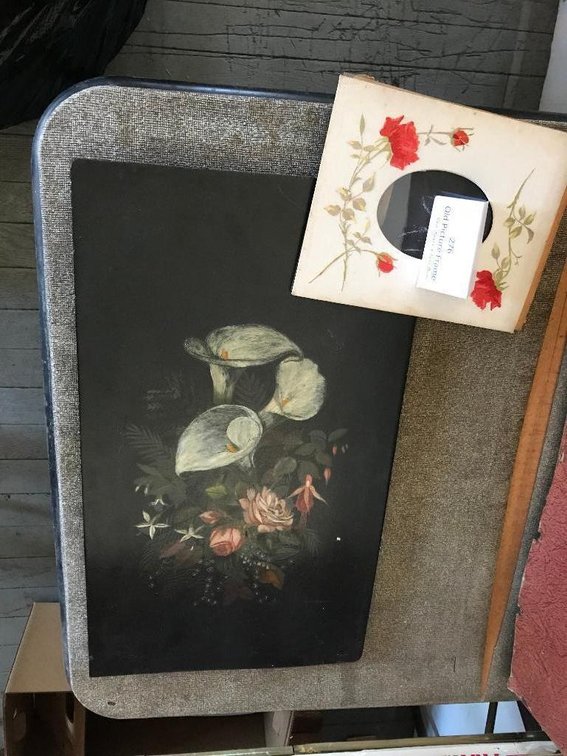 Floral painting on antique wooden cabinet door, embroidered rose picture frame