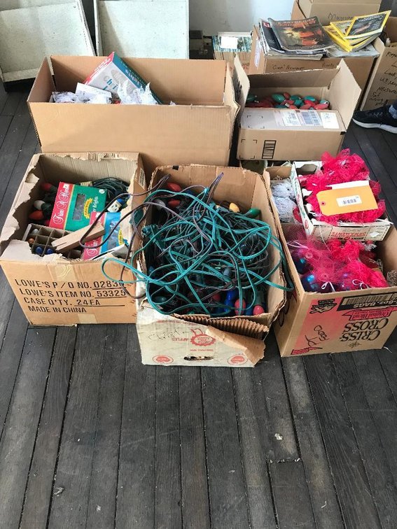 7 Boxes of vintage Christmas lights & Christmas ornaments