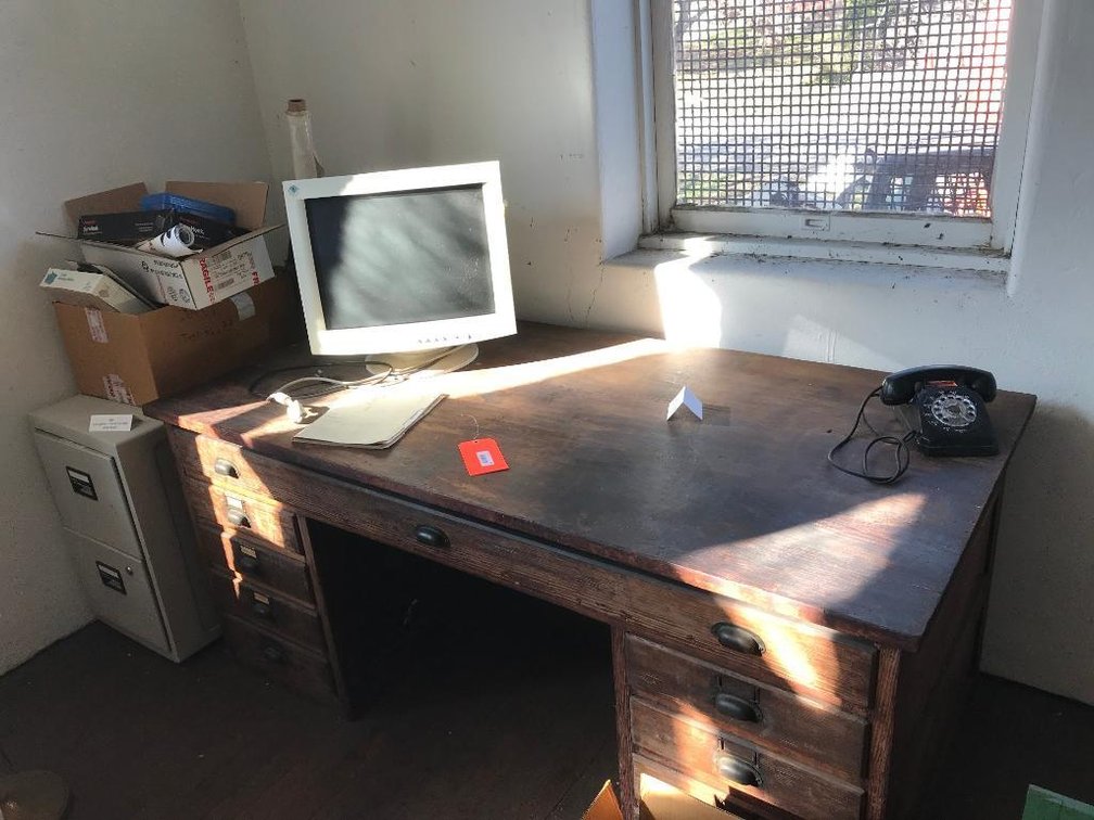 Large vintage wooden desk & 2-drawer filing cabinet