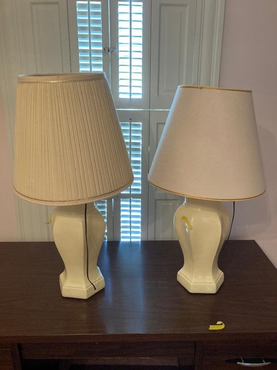 Pair white ceramic lamps 29"