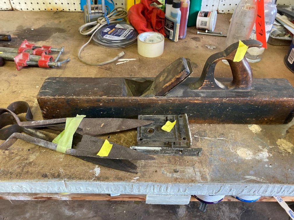 Wood hand plane, sheep shears, etc