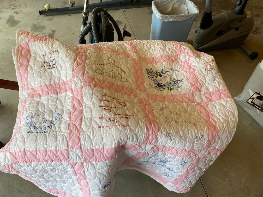 Hand quilted memory quilt with embroidery & lap comforter