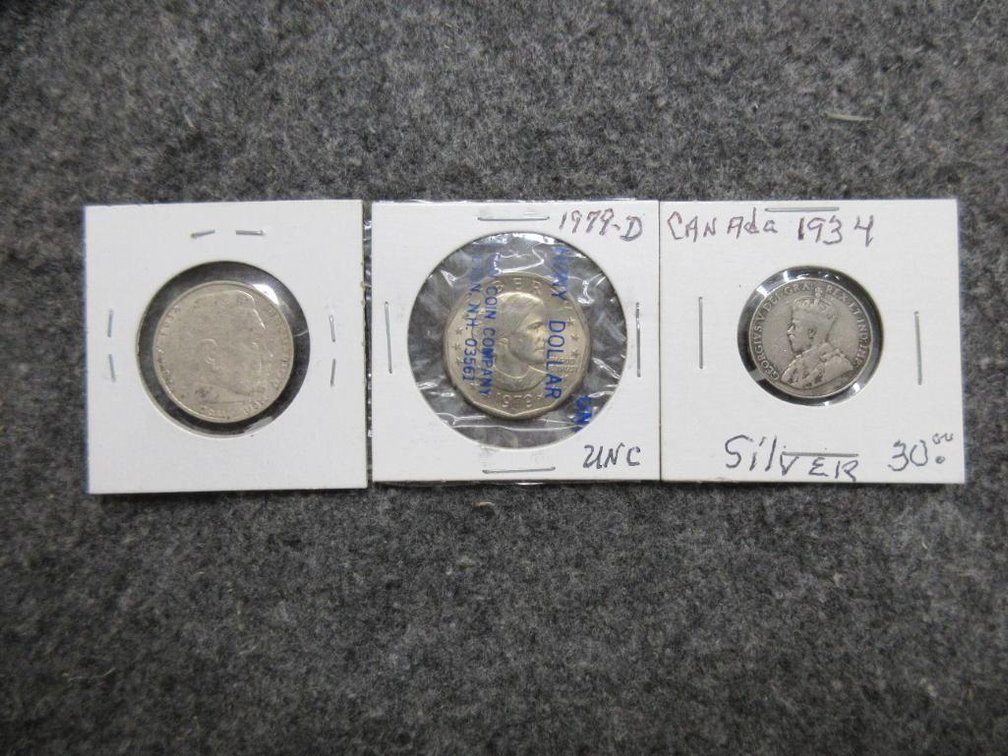 3 Coins - 1938-F German 2 Mark, 1934 Canada 5 cent, 1878-D SBA $1