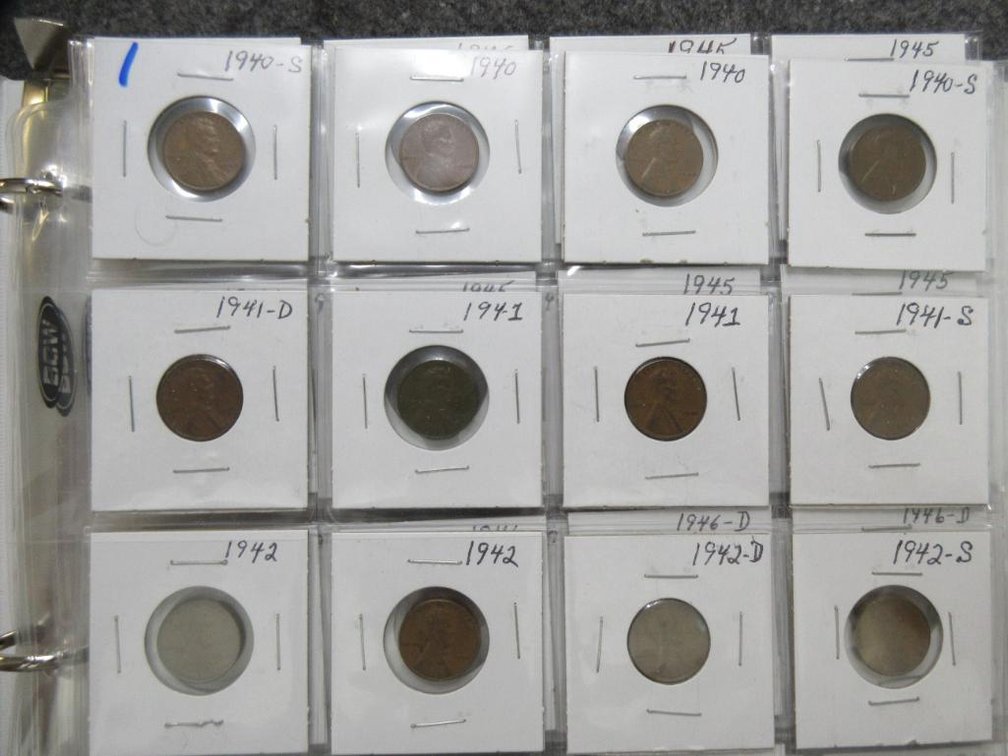 Album w/131 wheat cents, 44 memorial cents & 15 Jefferson nickels