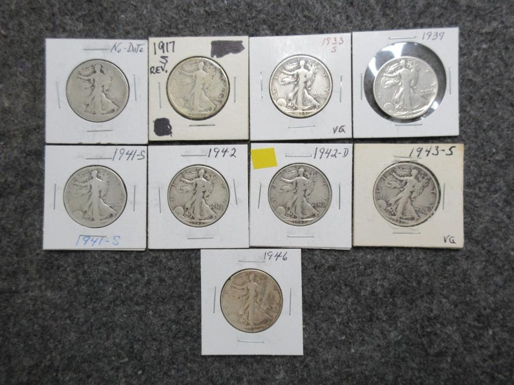 9 Circulated Walking Liberty half dollars