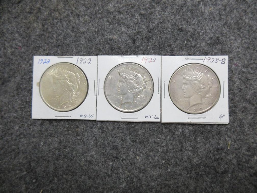 3 Peace Silver dollars - 1922, 1923 & 1928-s