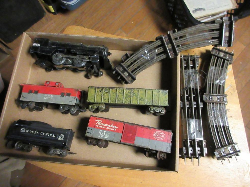 Marx Triple 9 engine, Marx freight car NYC 174580, Marx New York Central Tender, C&O open car #44572 & NYC caboose #20102