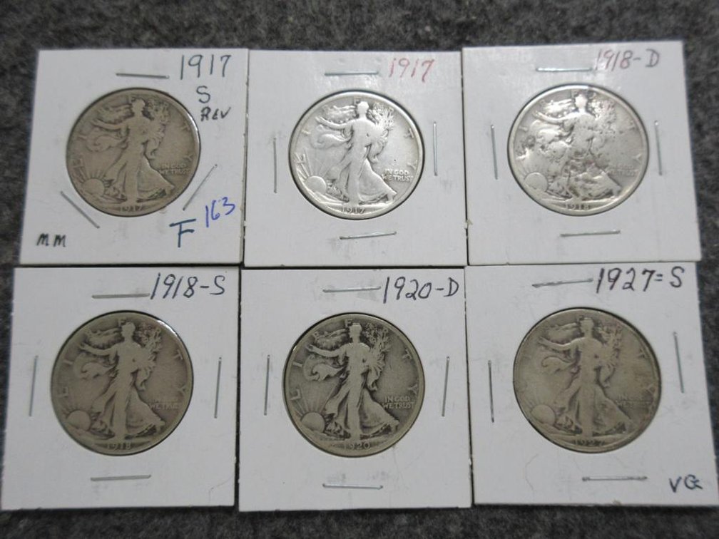 6 Walking Liberty half dollars, early dates