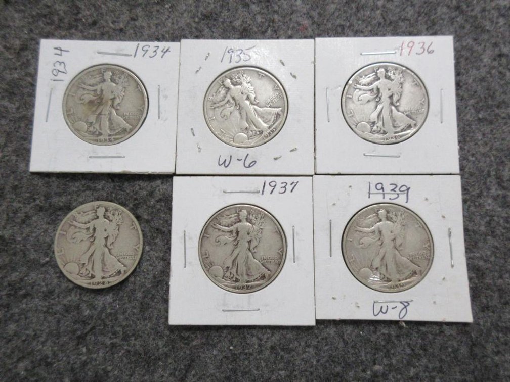 6 Walking Liberty half dollars