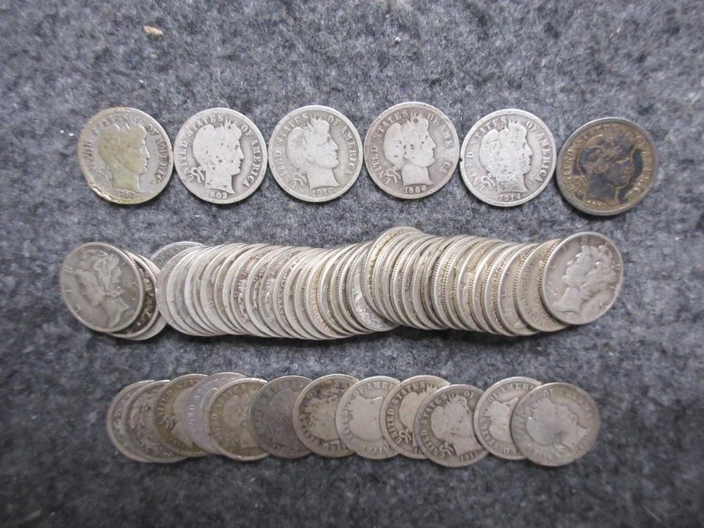 55 Silver dimes (17 Barber, 38 Mercury)