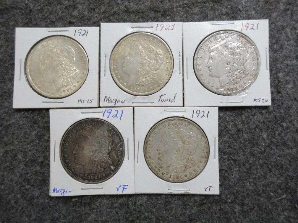 5- 1921 Morgan silver dollars