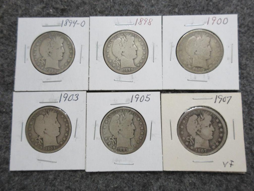 6 Barber half dollars - 1894-O, 1898, 1900, 1903, 1905 & 1907
